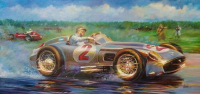 Juan Manuel Fangio，Gran Premio Ciudad de Buenos Aires 1955，阿根廷，Mercedes Benz 196 W.（丙烯酸画布）。 作者 何塞·玛丽亚·维拉富尔特
