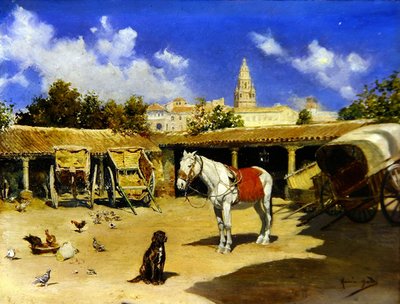 穆尔西亚的一个院子，有大教堂的塔楼（油画板）。 作者 何塞·马林·巴尔多