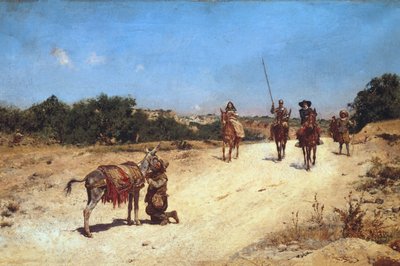 桑丘-潘萨和他的驴子鲁西奥的会面，《堂吉诃德》插图，约1878年（布面油画）。 作者 何塞·莫雷诺·卡博内罗