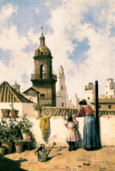 Roof terrace in Cadiz. A mother and daughter probably watering the plants with the watering can in the middle of the terrace. Painting by Jose PEREZ SIGUIMBOSCUM (19th century), late 19th century Oil on canvas. Cadiz, Museo Provincial de Cadiz. 作者 何塞·佩雷斯·西吉姆博索姆