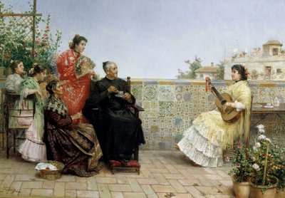 牧师来访，19 世纪（油画） 作者 何塞·里科（Jose Rico y Cejudo）