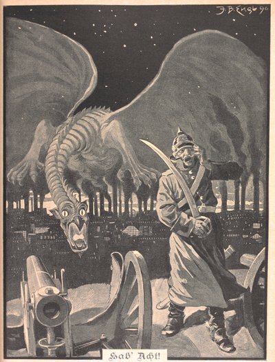 为诗《如夜》作画。 在一名德国士兵身后，一条被工厂冒出的烟雾所化成的龙。 超现实的场景。 作者 约瑟夫·本尼迪克特英语