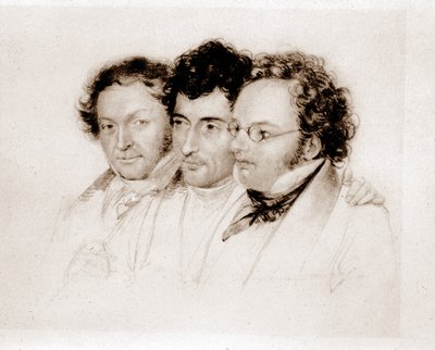 从左到右：Jenger、Httenbrenner 和 F. Schubert。 Feltscher 的《水彩画》。 作者 约瑟夫·爱德华·特尔切