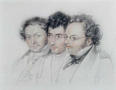 从左至右，作曲家约翰-巴普蒂斯特-延格尔（1793-1856）、安塞姆-胡腾布伦纳（1794-1868）和弗朗茨-舒伯特（1797-1828）的朋友，约瑟夫-特尔特舍的粉彩画 作者 约瑟夫·爱德华·特尔切