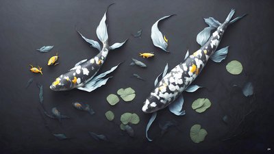 水墨画：锦鲤_白色大理石_05 作者 约瑟夫·约翰·迈克尔