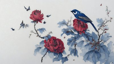 水墨画：蓝色的牡丹_01 作者 约瑟夫·约翰·迈克尔