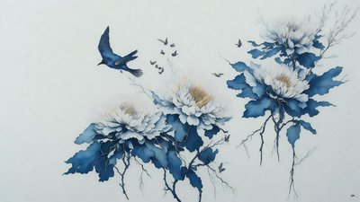 水墨画：蓝菊花_01 作者 约瑟夫·约翰·迈克尔