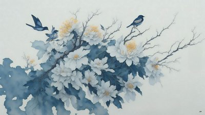 水墨画：蓝色菊花_02 作者 约瑟夫·约翰·迈克尔