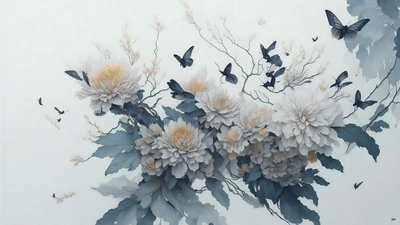 水墨画：白描菊花_01 作者 约瑟夫·约翰·迈克尔