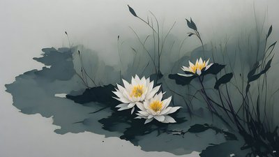 水墨画：睡莲_01 作者 约瑟夫·约翰·迈克尔