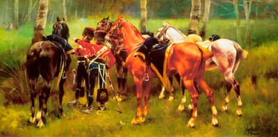 "森林中的轻骑兵和马群"，Josep Cusachs i Cusachs（1851-1908 年）的作品。1905. 作者 约瑟夫·库萨斯（Josep Cusachs）和库萨斯（Cusachs）