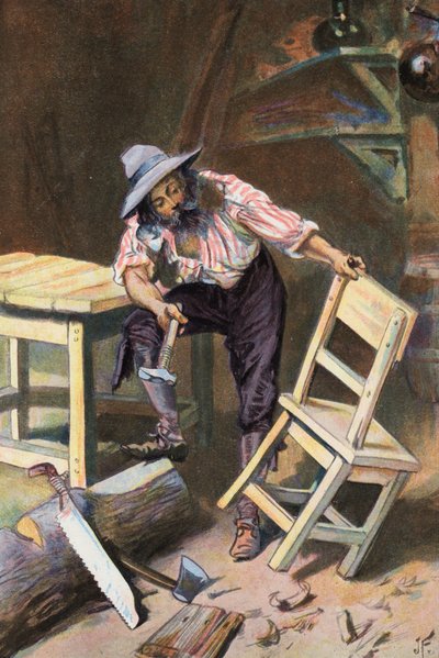 鲁滨逊漂流记》：我做了一张桌子和一把椅子（彩色石版画） 作者 约瑟夫·芬内莫尔（后）
