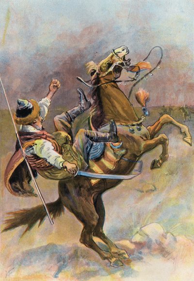 鲁滨逊漂流记》：马儿扔下鞑靼，扑倒了他（彩色石版画） 作者 约瑟夫·芬内莫尔（后）