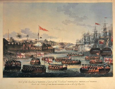 1825年5月11日，根据阿奇博尔德-坎贝尔爵士的命令，来自孟加拉和马德拉斯的部分联合部队在仰光登陆的景象，由亨利-皮亚尔（1795-1833）刻制 1825年（手绘水印）。 作者 约瑟夫（后）摩尔