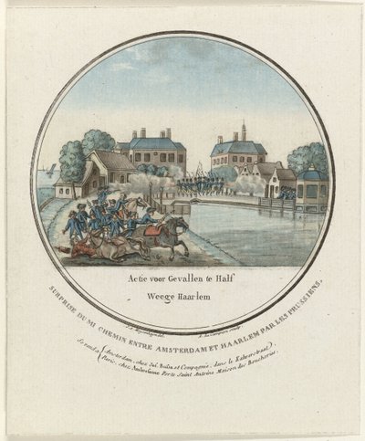 半威格的袭击，1787 年
哈勒姆半威格的格瓦勒行动/普鲁士人对阿姆斯特丹和哈勒姆之间 mi chemin 的袭击（标题见实物）
1787 年普鲁士人进攻阿姆斯特丹附近的法文版画（系列标题） 作者 乔斯。布法公司