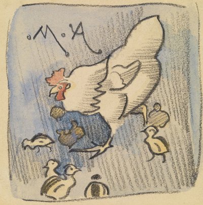 《白母鸡和小鸡》，c.1901（粉笔、铅笔和纸上水洗） 作者 约瑟夫·克劳霍尔