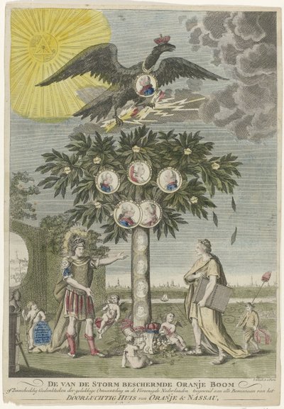市政官威廉五世复辟的寓言（复制品），1787 年
免受暴风雨侵袭的橘子树或荷兰联合王国幸福革命的象征性纪念碑，献给所有热爱庄严的奥兰治家族和荷兰联合王国的人们。 作者 弗朗西斯·桑索姆