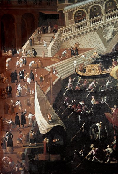 Regate 在威尼斯的 Ponte di Rialto，码头的细节（绘画 作者 约瑟夫·海因茨