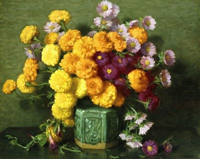 中式花瓶中的万寿菊和翠菊 作者 约瑟夫·亨利·夏普