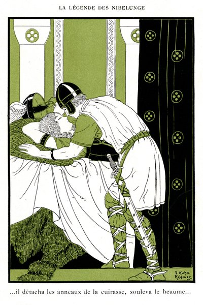 尼伯龙格传奇：齐格弗里德拥抱沃基里·布伦希尔德（彩色石版画） 作者 约瑟夫·库恩·雷尼尔