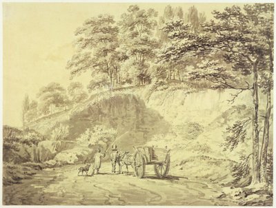 男子用马和购物车进入采石场，c.1797（石墨和灰色洗在纸上） 作者 约瑟夫·马洛德·威廉·特纳