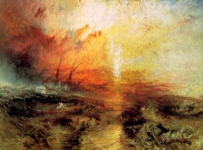 奴隶船上的奴隶主把死人和垂死的人扔下船，Typhon Coming On，1840年。   作者 约瑟夫·马洛德·威廉·特纳