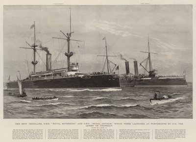 星期四由女王女王在朴茨茅斯推出的New Ironclads，HMS Royal Sovereign和HMS Royal Arthur 作者 Joseph Nash