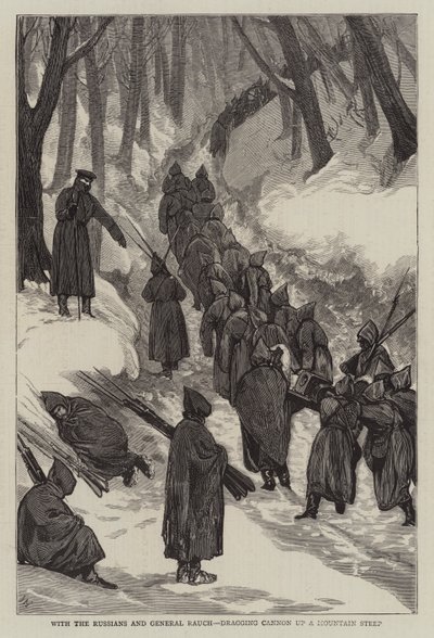与俄罗斯人和将军Rauch一起，将加农炮拖上山陡峭 作者 Joseph Nash
