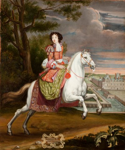 1639-1707年阿马尼亚克伯爵夫人凯瑟琳-德-纽维尔-维勒鲁瓦的马术肖像，1670年代。 作者 约瑟夫·帕罗塞尔