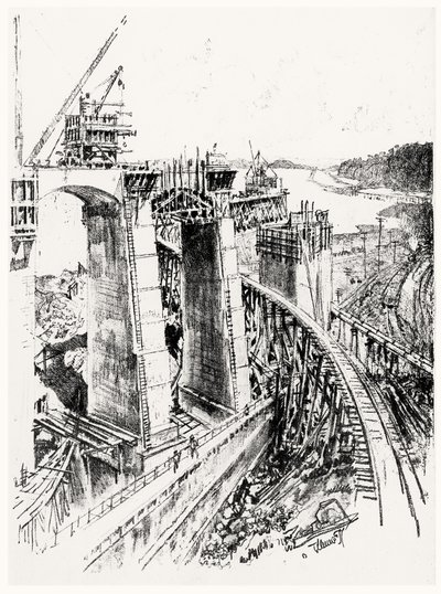 1912年约瑟夫·彭奈尔（Joseph Pennell）从巴拿马运河（Panama Canal）获得的Gatun Lock六板（木炭纸） 作者 约瑟夫·彭内尔