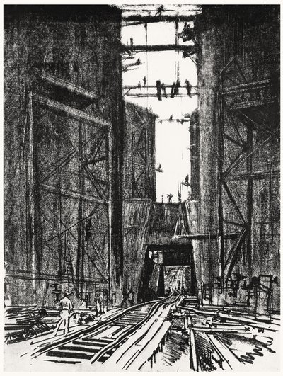 在Gatun Lock的底部，由Joseph Pennell于1912年在巴拿马运河的第四块板块（纸上的木炭） 作者 约瑟夫·彭内尔
