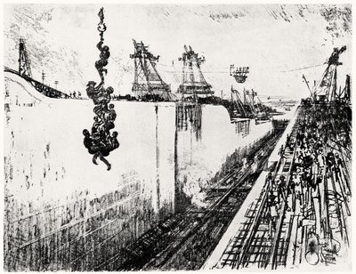 1912年，约瑟夫·彭内尔在加拿大的巴拿马运河三号板上的晚餐时间（木炭纸上） 作者 约瑟夫·彭内尔