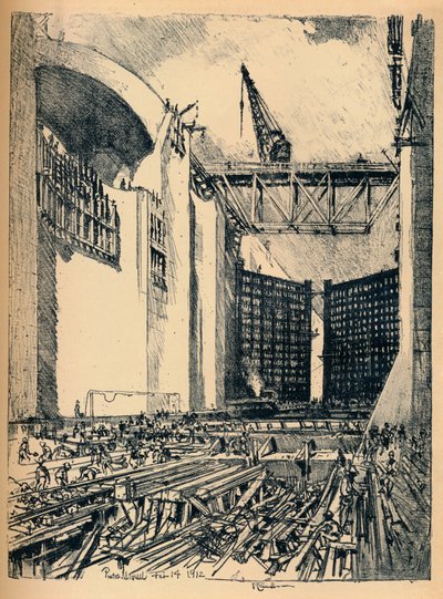 铺设Pedro Miguel Lock的地板，1912年 作者 约瑟夫·彭内尔