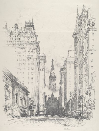 从斯普鲁斯街往上看布罗德街，1912年。 作者 约瑟夫·彭内尔
