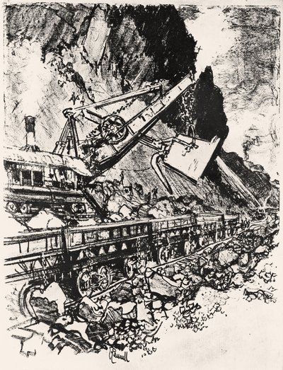 蒸汽铲工作：Culebra Cut，1912年Joseph Pennell在巴拿马运河上制作的XIV板（木炭纸上） 作者 约瑟夫·彭内尔