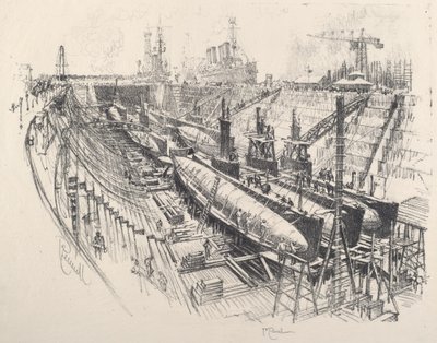 干船坞中的潜艇，1917年。 作者 约瑟夫·彭内尔