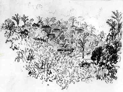 美国村庄，1912年约瑟夫·彭内尔（Joseph Pennell）在巴拿马运河（The Panama Canal）的X号板（木炭纸上） 作者 约瑟夫·彭内尔