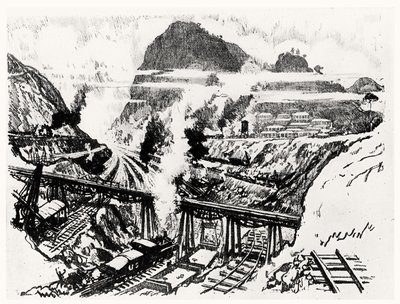 1912年约瑟夫·彭奈尔（Joseph Pennell）在巴拿马运河（The Paris Canal）举行的第十六板（Paraiso）切割（木炭纸上） 作者 约瑟夫·彭内尔