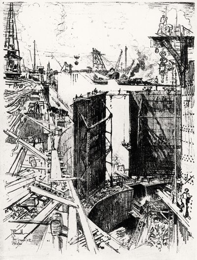 Gatun的警卫门，1912年约瑟夫·彭内尔（Joseph Pennell）从巴拿马运河（巴拿马运河）登上V（木炭纸上） 作者 约瑟夫·彭内尔