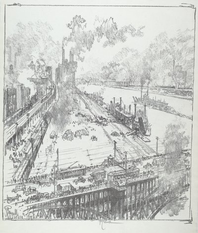 从Eads桥看堤坝，圣路易斯，1919年。 作者 约瑟夫·彭内尔