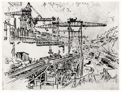 米拉弗洛雷斯的墙壁，1912年约瑟夫·彭内尔（Joseph Pennell）在巴拿马运河的第二十三号板块（纸上的木炭） 作者 约瑟夫·彭内尔