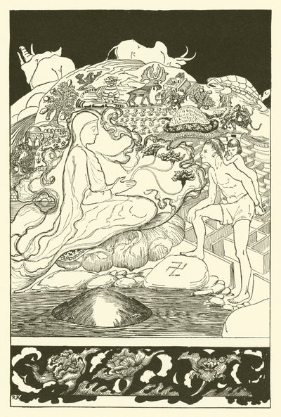 当最年长的魔术师与男人和他的小女孩女儿交谈时，螃蟹Pau Amma跑开了（雕刻）。 作者 约瑟夫·拉迪亚德（后）吉卜林