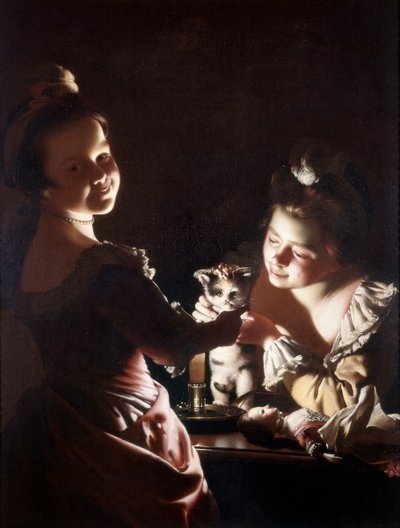 给小猫穿衣服，c.1768-70（布面油画） 作者 德比的约瑟夫·赖特