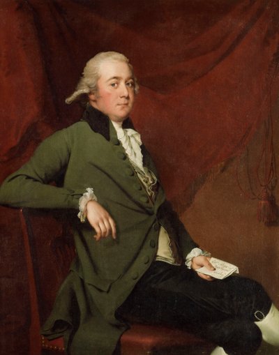 爱德华·阿布尼（Edward Abney）的肖像，坐在绿色外套上，坐了四分之三长，1780年代后期，拿着一封信反对红色帷幕 作者 德比的约瑟夫·赖特