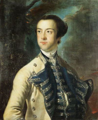 托马斯·汉威（Thomas Hanway）的肖像，半身，穿着米色外套，带有蓝色和银色的饰面，以及蓝色和银色的背心，在他的怀里抱着一顶帽子，在风景中， 作者 Joseph Wright of Derby