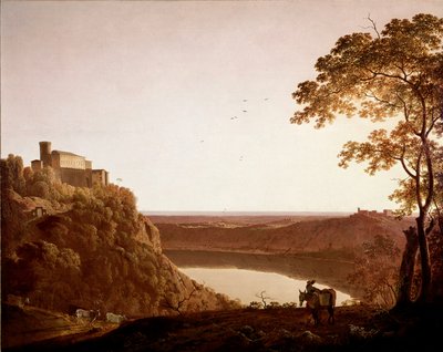 黄昏时分的内米湖景观 德比的 Joseph Wright dit Wright (1734-1797) 的画作 作者 德比的约瑟夫·赖特