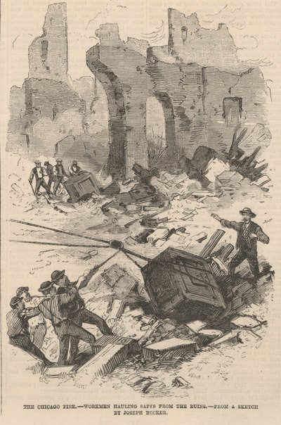 工人从废墟中拖出保险箱，插图来自Frank Leslies Illustrated Newspaper，1871 作者 约瑟夫·贝克尔