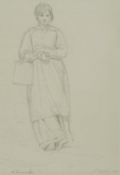 年轻的女孩抱着牛奶罐，1831年（石墨在编织纸上） 作者 约书亚·克里斯塔尔（Joshua Cristall）