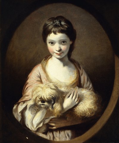 艾米莉亚·范西塔特（Emilia Vansittart）的肖像，半身，穿着粉红色和白色的裙子，抱着一只狗，约1767-68年 作者 约书亚·雷诺兹（Joshua Reynolds）