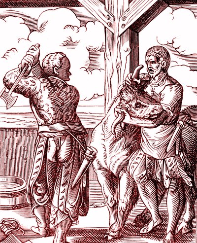 屠夫 - 中世纪的食物和烹饪。 约斯特·安曼（Jost Amman，1539-1591 年）雕刻。 雕刻 1878 作者 约斯特（后）安曼